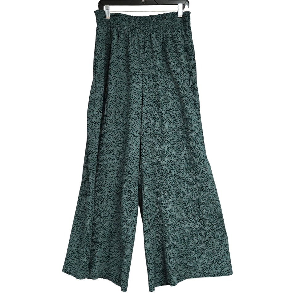 New In Wide Leg Trouser Pants Elastic Waist Animal Print Forest Green Size L